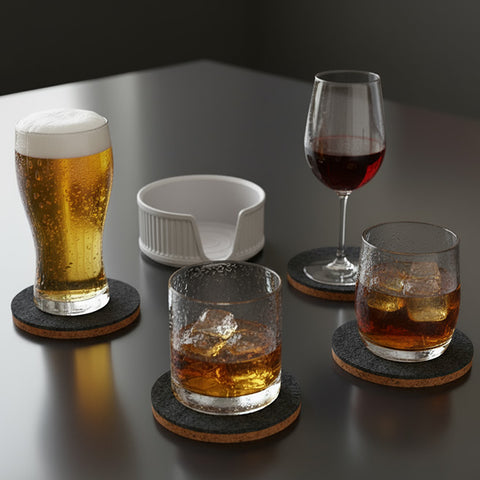 6 Round Cork & Felt Coasters in Antique Style Holder Silk Silver