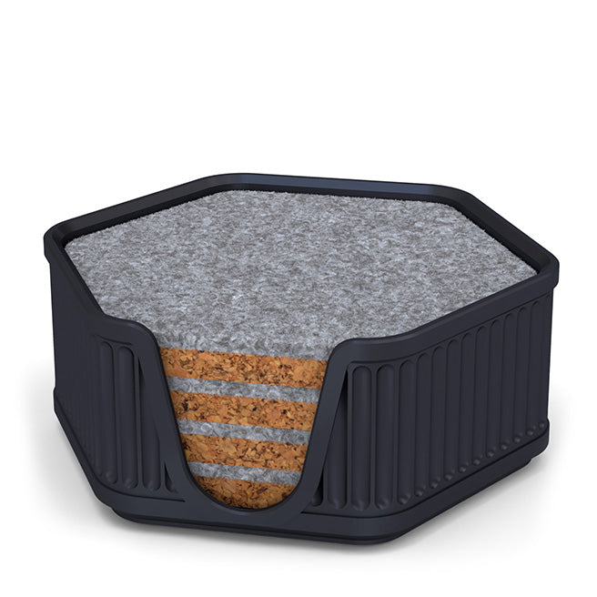 4 Hexagonal Cork & Felt Coasters in Antique Style Holder Black