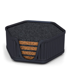 4 Hexagonal Cork & Felt Coasters in Antique Style Holder Black
