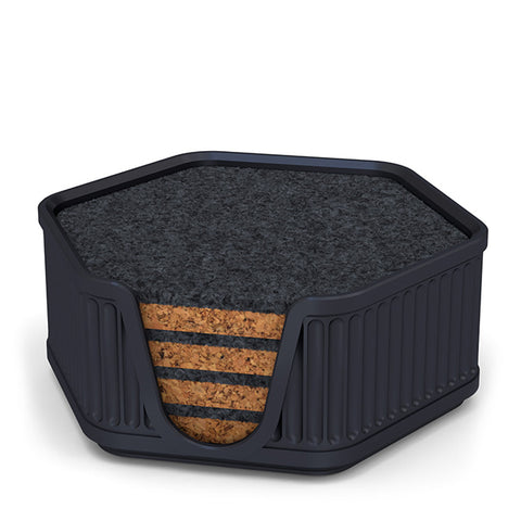 4 Hexagonal Cork & Felt Coasters in Antique Style Holder Black