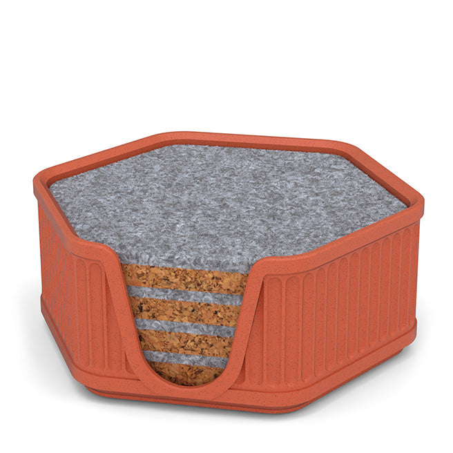 4 Hexagonal Cork & Felt Coasters in Antique Style Holder Terracotta