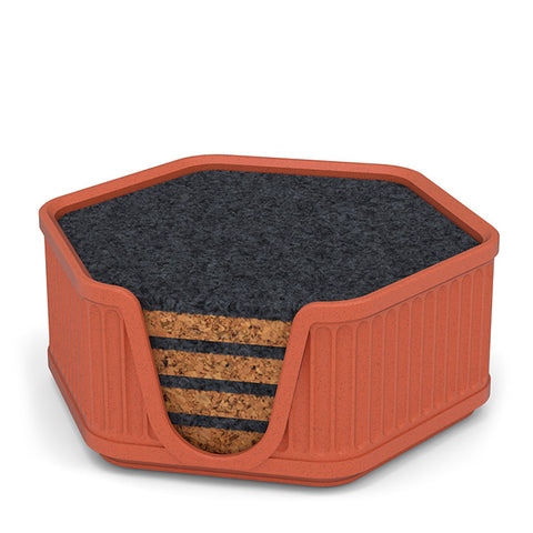 4 Hexagonal Cork & Felt Coasters in Antique Style Holder Terracotta