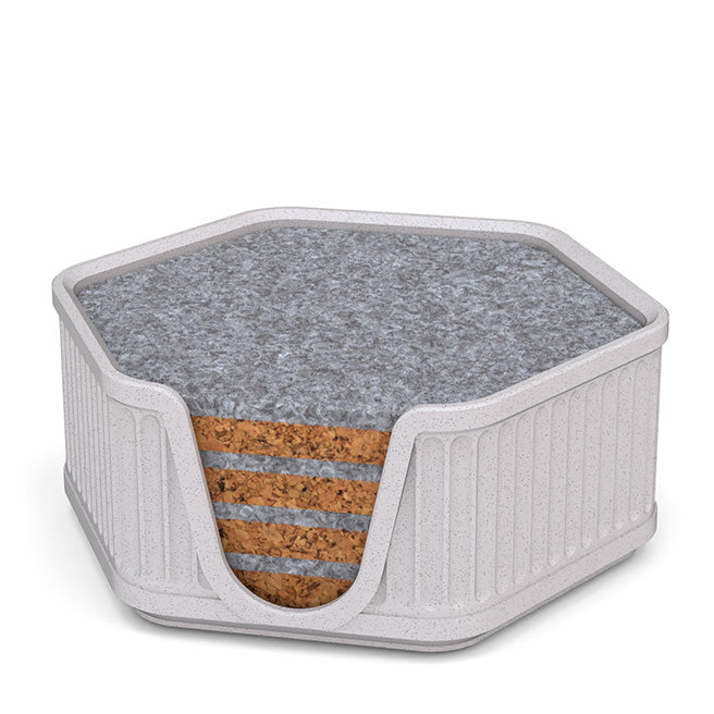 4 Hexagonal Cork & Felt Coasters in Antique Style Holder White Marble
