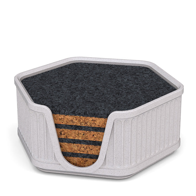 4 Hexagonal Cork & Felt Coasters in Antique Style Holder White Marble