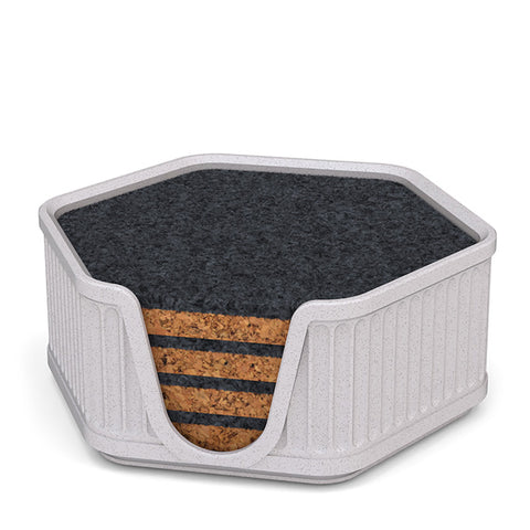 4 Hexagonal Cork & Felt Coasters in Antique Style Holder White Marble