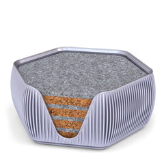 4 Hexagonal Cork & Felt Coasters in Contemporary Line Style Silk Silver