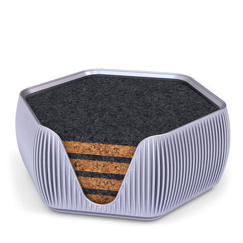 4 Hexagonal Cork & Felt Coasters in Contemporary Line Style Silk Silver