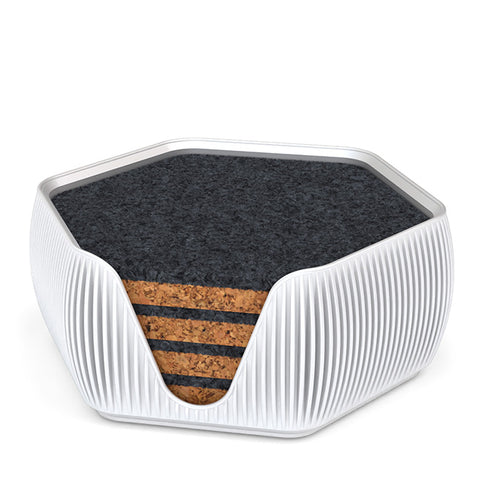 4 Hexagonal Cork & Felt Coasters in Contemporary Line Style Silk White