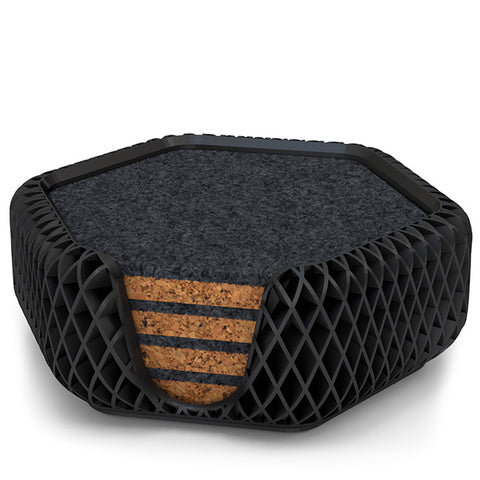 4 Hexagonal Cork & Felt Coasters in Diamond Style Silk Black