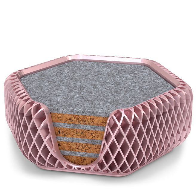 4 Hexagonal Cork & Felt Coasters in Diamond Style Silk Rose Gold