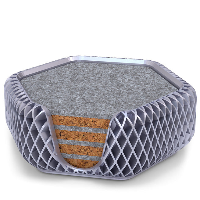 4 Hexagonal Cork & Felt Coasters in Diamond Style Silk Silver