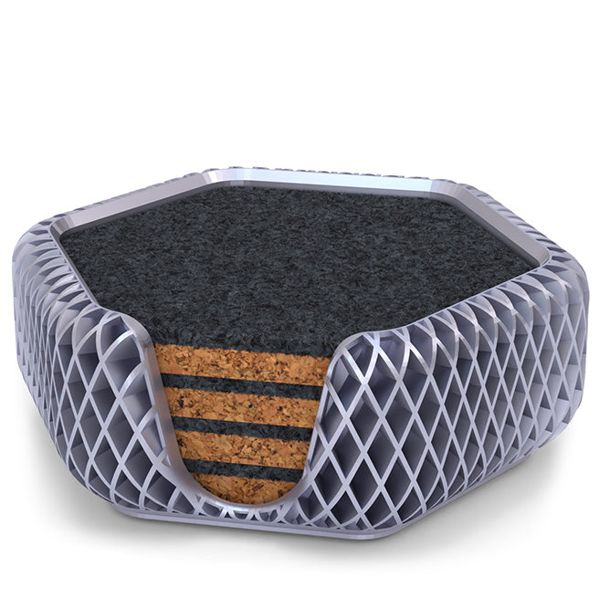 4 Hexagonal Cork & Felt Coasters in Diamond Style Silk Silver
