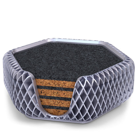 4 Hexagonal Cork & Felt Coasters in Diamond Style Silk Silver