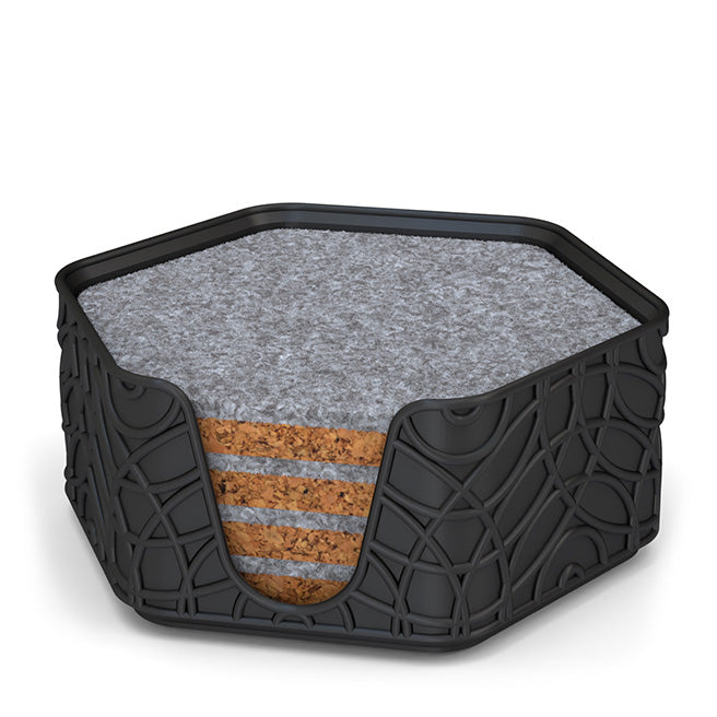 4 Hexagonal Cork & Felt Coasters in Ripple Style Silk Black