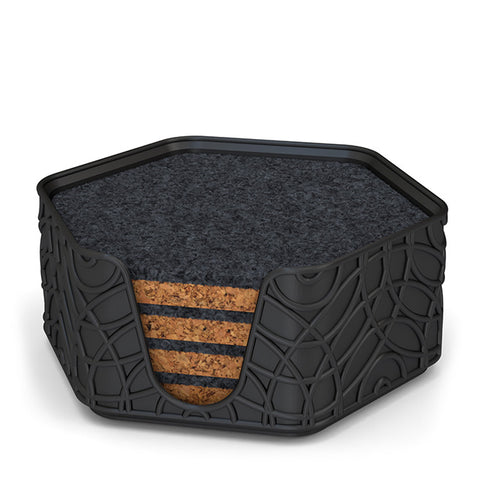 4 Hexagonal Cork & Felt Coasters in Ripple Style Silk Black