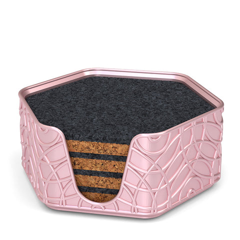 4 Hexagonal Cork & Felt Coasters in Ripple Style Silk Rose Gold