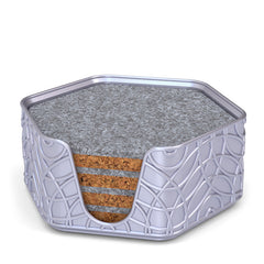 4 Hexagonal Cork & Felt Coasters in Ripple Style Silk Silver