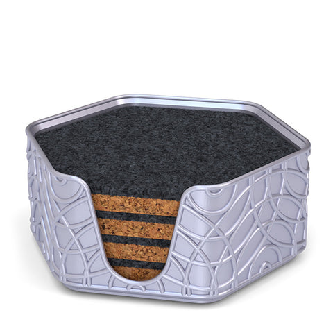 4 Hexagonal Cork & Felt Coasters in Ripple Style Silk Silver