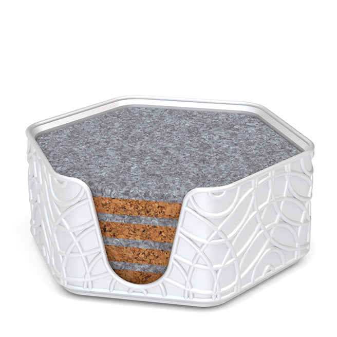 4 Hexagonal Cork & Felt Coasters in Ripple Style Silk White