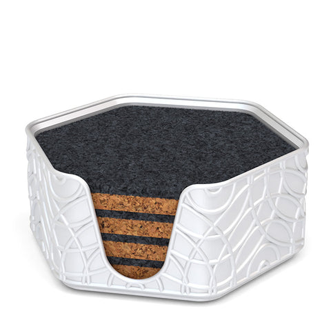 4 Hexagonal Cork & Felt Coasters in Ripple Style Silk White