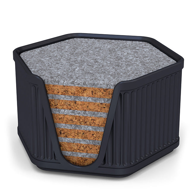 6 Hexagonal Cork & Felt Coasters in Antique Style Holder Black