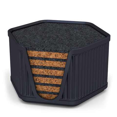 6 Hexagonal Cork & Felt Coasters in Antique Style Holder Black