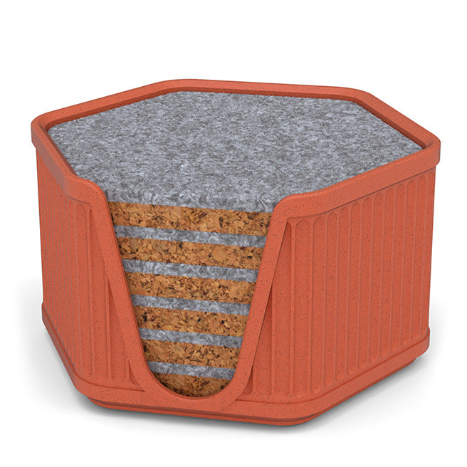 6 Hexagonal Cork & Felt Coasters in Antique Style Holder Terracotta