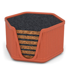 6 Hexagonal Cork & Felt Coasters in Antique Style Holder Terracotta