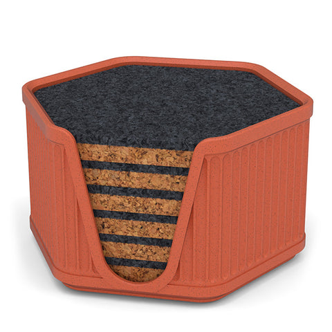 6 Hexagonal Cork & Felt Coasters in Antique Style Holder Terracotta