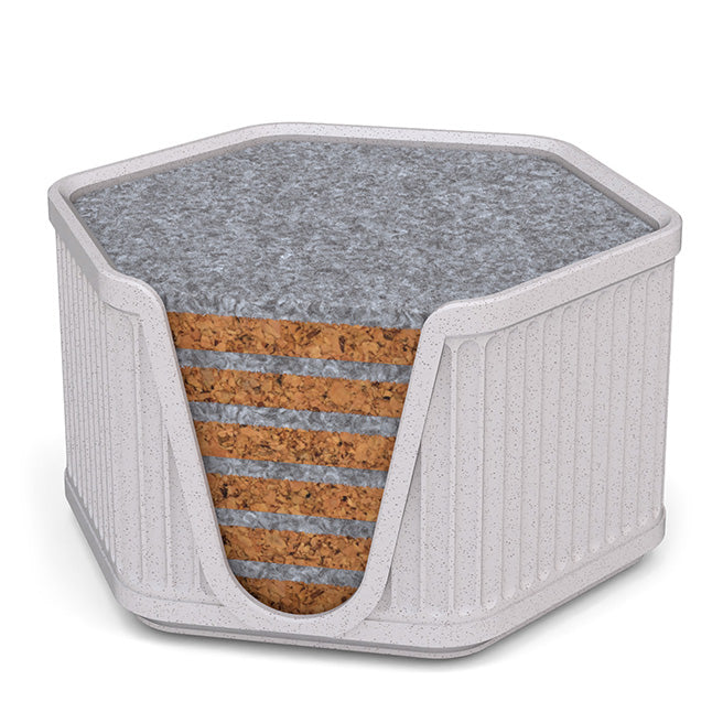 6 Hexagonal Cork & Felt Coasters in Antique Style Holder White Marble