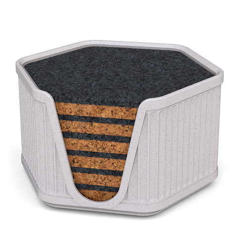 6 Hexagonal Cork & Felt Coasters in Antique Style Holder White Marble