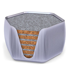6 Hexagonal Cork & Felt Coasters in Contemporary Line Style Silk Silver