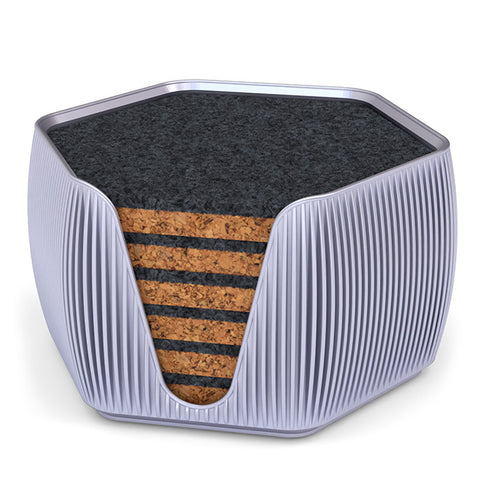 6 Hexagonal Cork & Felt Coasters in Contemporary Line Style Silk Silver