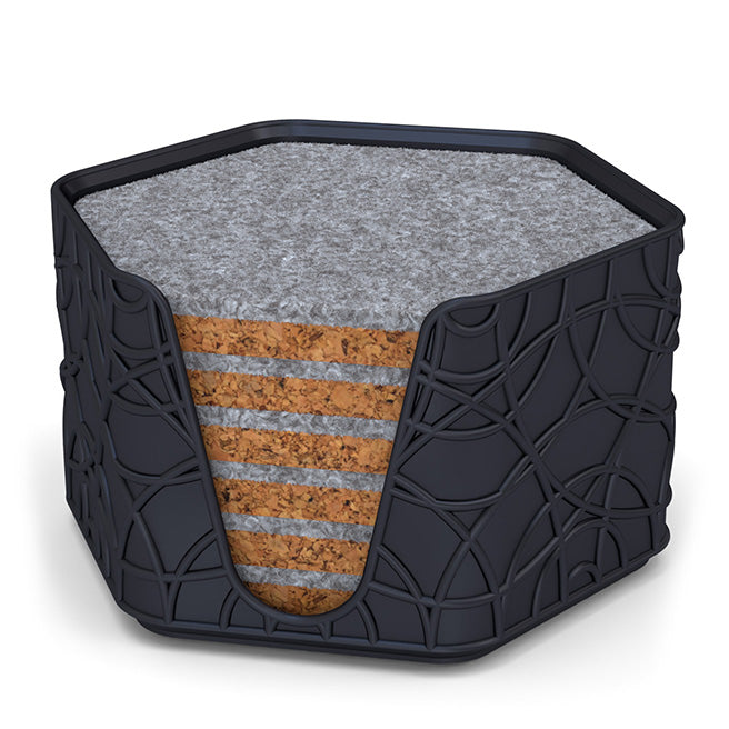 6 Hexagonal Cork & Felt Coasters in Ripple Style Silk Black
