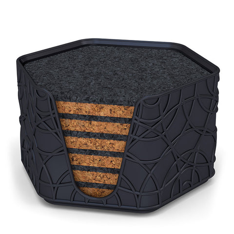 6 Hexagonal Cork & Felt Coasters in Ripple Style Silk Black