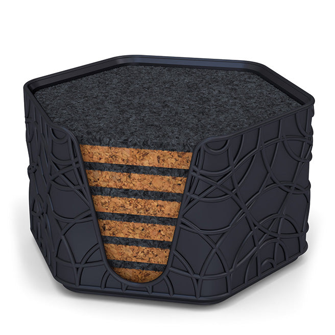 6 Hexagonal Cork & Felt Coasters in Ripple Style Silk Black