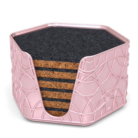 6 Hexagonal Cork & Felt Coasters in Ripple Style Silk Rose Gold