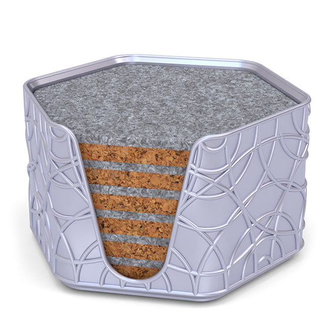 6 Hexagonal Cork & Felt Coasters in Ripple Style Silk Silver