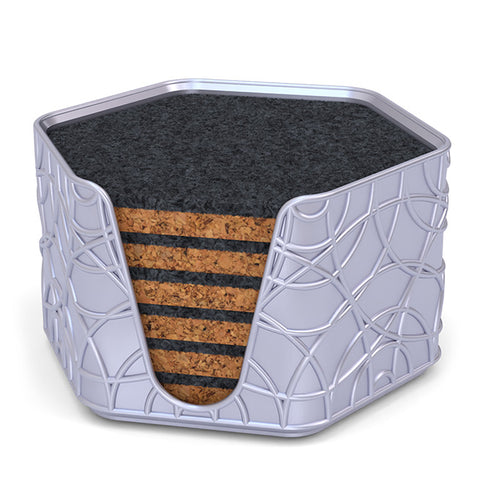 6 Hexagonal Cork & Felt Coasters in Ripple Style Silk Silver