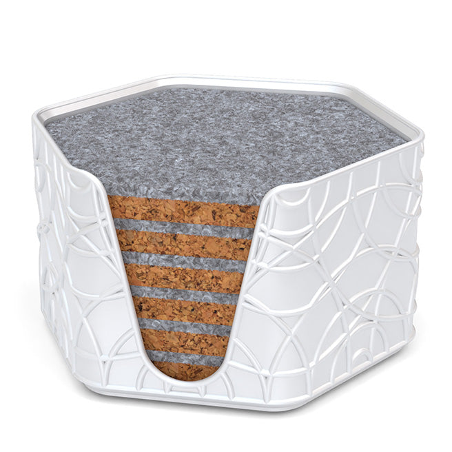 6 Hexagonal Cork & Felt Coasters in Ripple Style Silk White