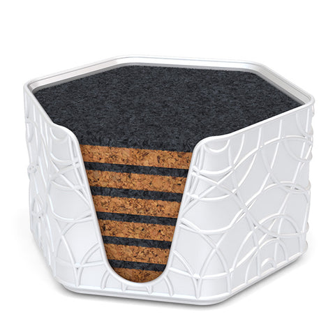 6 Hexagonal Cork & Felt Coasters in Ripple Style Silk White