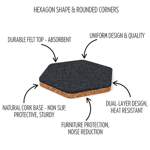 6 Hexagonal Cork & Felt Coasters in Contemporary Line Style Silk Silver
