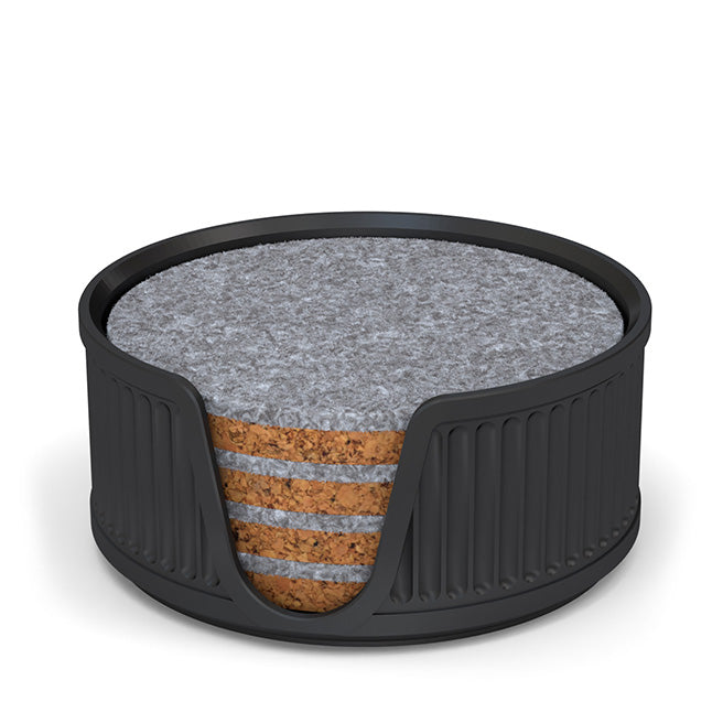 4 Round Cork & Felt Coasters in Antique Style Holder Silk Black
