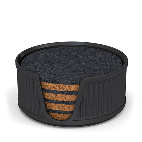4 Round Cork & Felt Coasters in Antique Style Holder Silk Black
