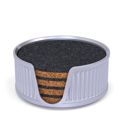 4 Round Cork & Felt Coasters in Antique Style Holder Silk Silver