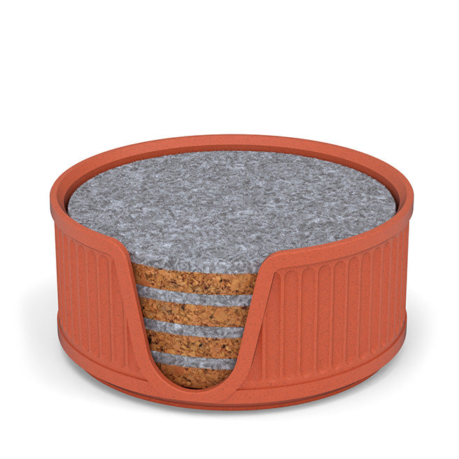 4 Round Cork & Felt Coasters in Antique Style Holder Terracotta