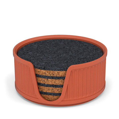 4 Round Cork & Felt Coasters in Antique Style Holder Terracotta