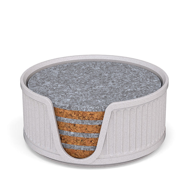 4 Round Cork & Felt Coasters in Antique Style Holder Wite Marble