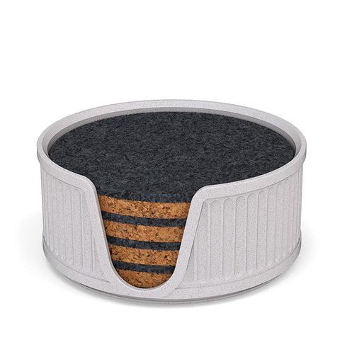 4 Round Cork & Felt Coasters in Antique Style Holder Wite Marble