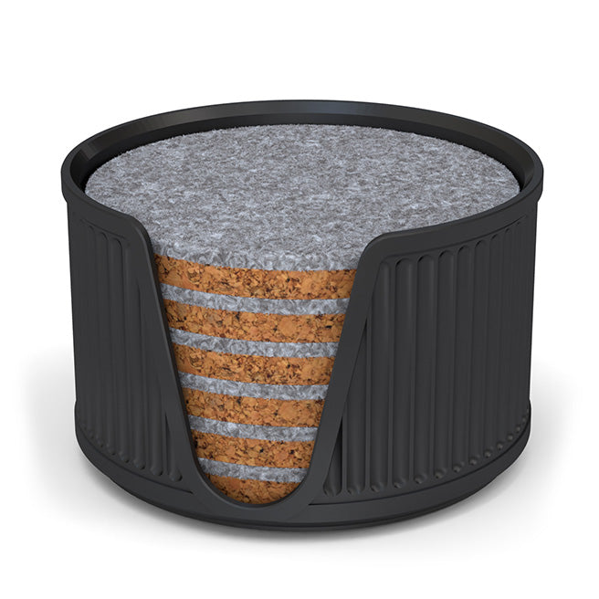 6 Round Cork & Felt Coasters in Antique Style Holder Black